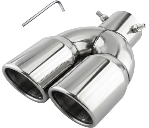 Catekro 38mm-54mm Terminale Scarico Auto Doppia Uscita Universale, 215mm di Lunghezza Uscita Scarico in Acciaio Inox Tubo Terminale Marmitta Sportivo Regolabili Avvitabili Argento Lucido