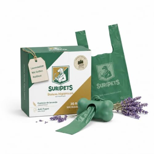 SuriPets Sacchetti Igienici per Cani con Manici e Profumo Lavanda – 300 Sacchetti (20 Rotoli x 15) con Dispenser – Resistenti, Anti-Perdite, 15 Micron