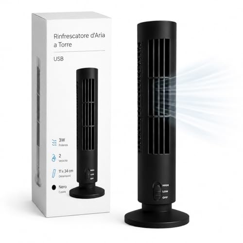 CARTOSPEDÌA Ventilatore a Torre Nero SUPER SILENZIOSO - Rotazione Oscillante - USB 3W - Mini Ventilatore da Tavolo 2 Velocità - Compatto 11 x 34 cm per Scrivania, Camera, Ufficio e Smart Working