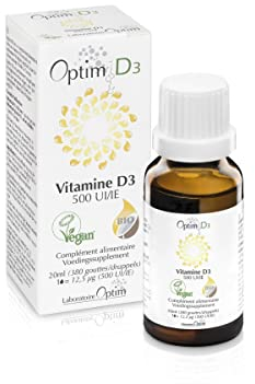 Vitamine D3 naturelle en gouttes supplément | vitamine D enfants - bébé – adultes – femme enceinte | 500 UI par goutte - Flacon 20ML | Vitamine D Végétale Vegan Lichen - huile de coco | Optim D3
