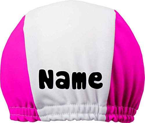 Badekappe für Kinder, Erwachsene mit Name (Pink-Weiss/Gr. 2 (ab 7 J.)