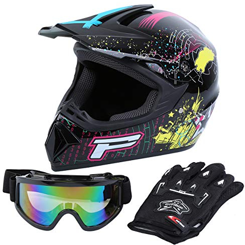 Samger DOT Erwachsene Off Road Helm Motocross Helm Dirt Bike ATV Motorrad Helm Handschuhe Brille (Schwarz, M)