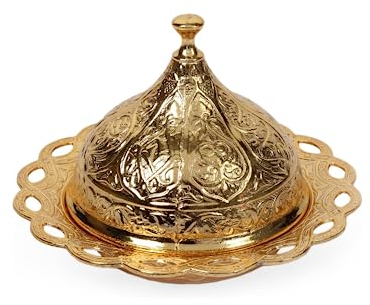 Alisveristime Beschichtete handgefertigte Messing-Schale für Zucker, Schokolade, Süßigkeiten, Servierschale mit Deckel, Salzschale, Kaffeebar, Zuckerhalter (Kubbeli) (Gold)