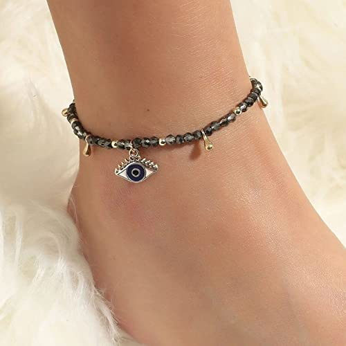 TseenYi Boho Evil Eye Anklet Bracelet Black Crystal Beaded Chain Silver Evil Eye Dangle Foot Chain Seed Beads Summer Beach Foot Jewelry for Women and Girls Gifts
