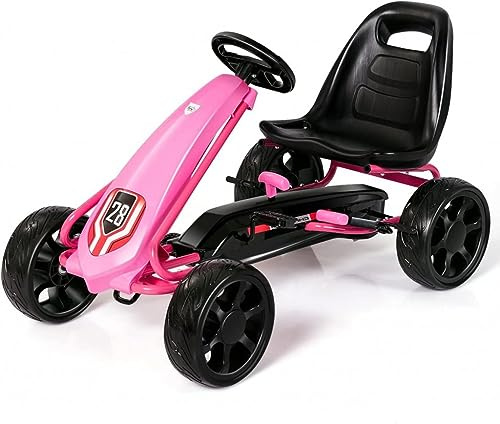 PEKECARS Kart Pedales Niños Coche de Pedales Champion Color Rosa con Asiento Ajustable, Ruedas neumáticas, para niños y niñas de 3 a 8 años, Peso máximo soportado de 50 kg, piñón Libre y piñón Fijo
