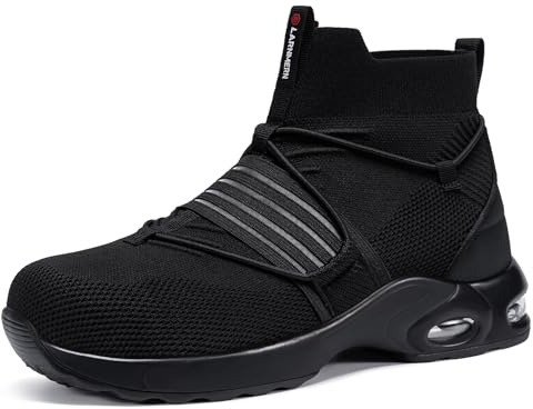 LARNMERN Zapatillas de Seguridad Sin Cordones Calzado de Seguridad Puntera de Acero Zapatos de Trabajo Colchón de Aire Cómodos Ligeros Zapatos Seguridad Transpirable (Negro, 42EU)