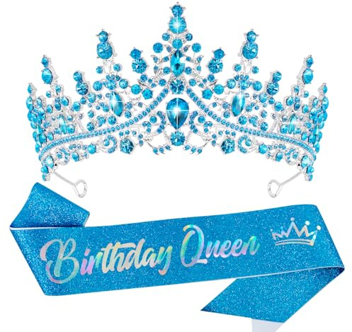 VELSCRUN Birthday Queen Tiara Crowns for Women Girls Blue Crystal Birthday Queen Headband Sash Elegant Princess Crown Happy Birth Party Decorations Mom Sisters Birth Gift Hair Accessories
