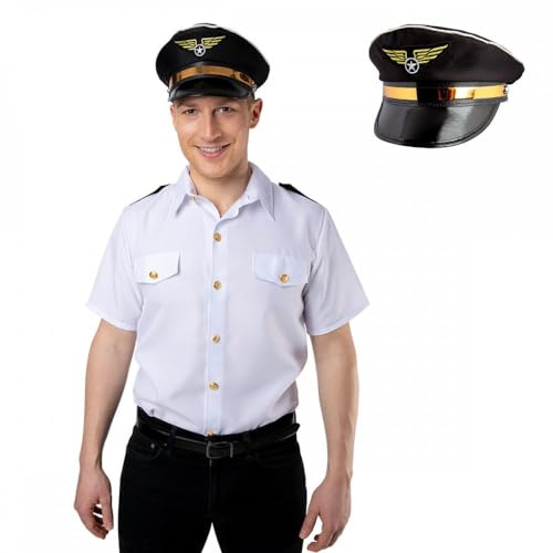A2ZFD Airline Pilot White Shirt + Airline Pilot Cap : Adult Men Flyer Aviator Air Force Flying Theme Fancy Dress Costume Accessories (Medium)