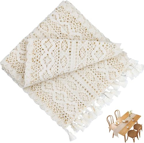 Beige Hochzeit Tischdecke Vintage, 30x120cm Spitze Boho Tischwäsche, Handgewebt Tischdecke Dekor, Geflochtene Tischläufer mit Quasten, Langen Quasten Table Runner für Party Hochzeit Esstisch Dekor