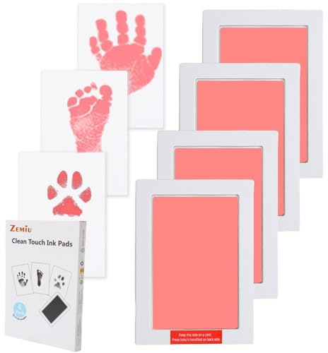 Zemiu Handavtryck och fotavtryck baby-avtrycksset, handavtryck, baby, idealisk storlek upp till baby 0–18 månader, 10 cm x 15 cm, 4 st ren touch-stämpelkuddar för nyfödda/baby shower-rosa