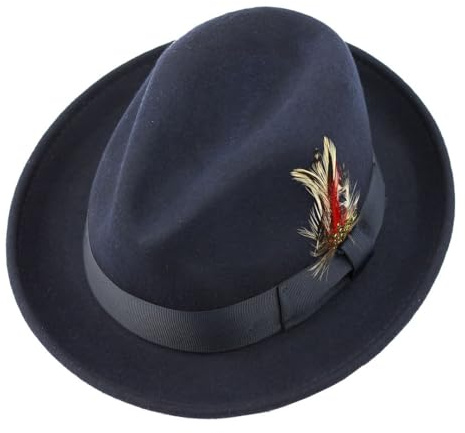 Xposed Men’s 100% Pure Wool Felt C Crown Trilby Hat with Feather Crushable Packable Curved Wide Brim