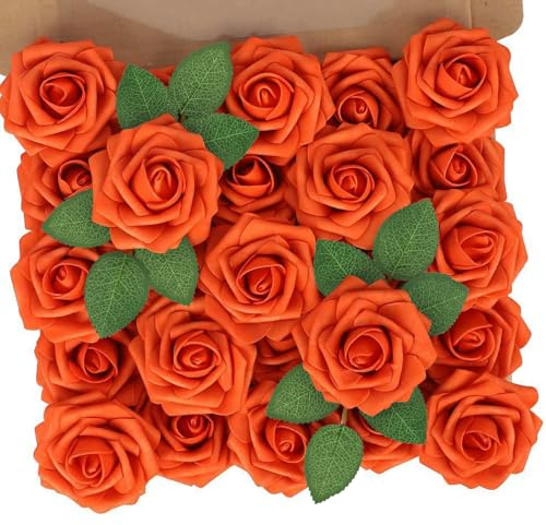 N&T NIETING Lot de 25 rosas artificiales de boda, con tallo, para el día de la madre, DIY, decoración boho, centros de mesa, ramo de mesa, decoración de interior, naranja otoño