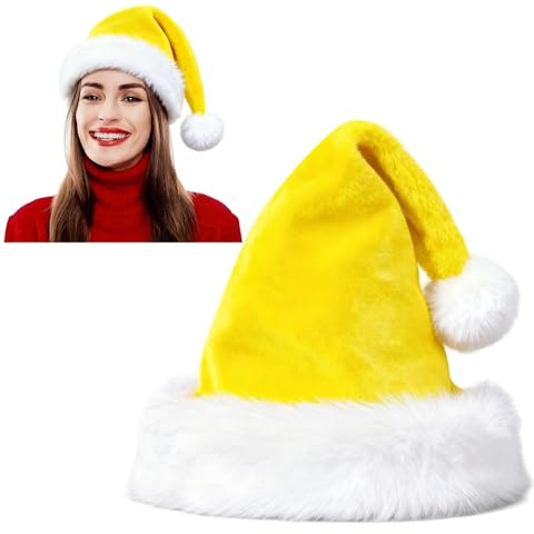 Ankelesz Santa Hat, Xmas Hat for Adults, Touch Soft Velvet Thickened Santa Hats for Christmas New Year Party Supplies (Yellow)