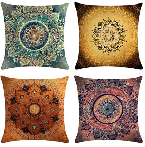 BREASOME Fundas Cojines 45x45 cm, Juego de 4 Fundas de Cojin Patrón de Mandala Estilo Retro étnico Fundas de Almohada Decorativas Cuadradas de Poliéster para Sofá Dormitorio Sala de Estar