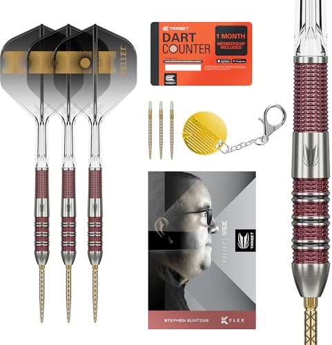 Target Darts Stephen Bunting 95K Swiss Point Steel Tip Dart Set, 18G | Kflex Flights & Shafts, The Bullet Player Edition 95% Tungsten Darts, Spare Gold DX Points & Premium Keyring SP Tool
