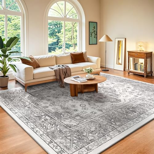 Enyhom Teppich Wohnzimmer 200 x 290 cm Großer Schlafzimmer Waschbarer Teppich Vintage Kurzflorteppich rutschfest Weich Flauschig Teppiche für Wohnzimmer Esszimmer Büro Küchen, Grau