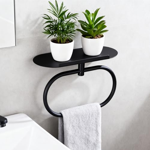 Anneau Porte-Serviettes DIYZON avec Support en Acier Inoxydable, Auto-Adhésif ou Percé, Porte-Serviettes Mural pour Salle de Bain et Cuisine (Noir)