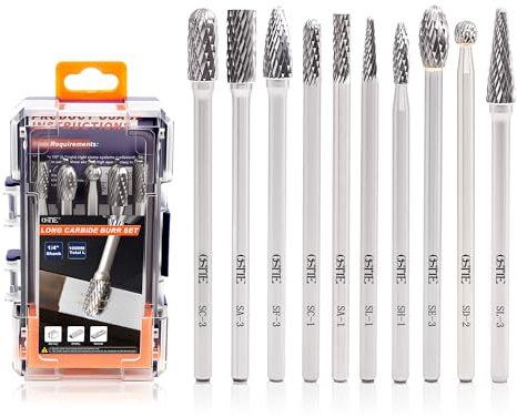 OSTTE 10Pcs Long Carbide Burr Set, 1/4 Shank, 3.94 L, Die Grinder Bits Rotary Rasp Attachment, for Grinding Metal, Steel, Cast Iron, Aluminum, Cylinder Head, Engine Work & Tight Area