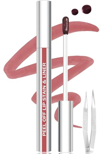 QCMME Lip Stain Peel Off Lip Liner Stain with Tweezer, Long Lasting Matte Lip Tint Tattoo, Highly Pigmented Color Lip Makeup, Waterproof Lipstick, Transfer-proof Lipstain for Women, Nude Pink