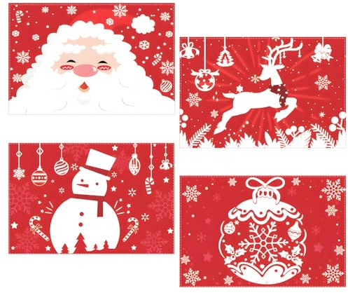 Juego de 4 Manteles Individuales de Lino Navideños, Papá Noel Reno Snowman Campana Salvamanteles Individuales, Rojos Lavables Salvamanteles de Mesa para Fiestas Navideñas Mesa de Cocina Hogar Decor