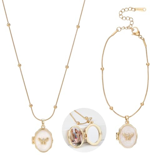 nbeads 2 Ensemble Collier et Bracelet en Acier Inoxydable, Médaillon Photo Papillon avec Micro Pavé en Laiton et Zircones Cubiques Bijoux Souvenir pour un Anniversaire de Mariage Or