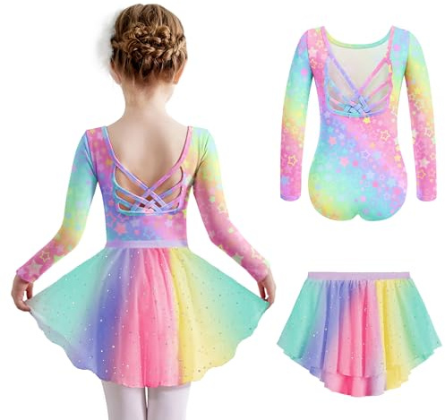 Arshiner Mädchen Ballettkleid Sterne Regenbogen Ballettkleidung Zweiteilig Kinder Baumwolle Tanzkleid Rückenfrei Ballerina Kleid Langarm Ballettanzug Ballett Trikot mit Tütü 150/7-8 Jahre