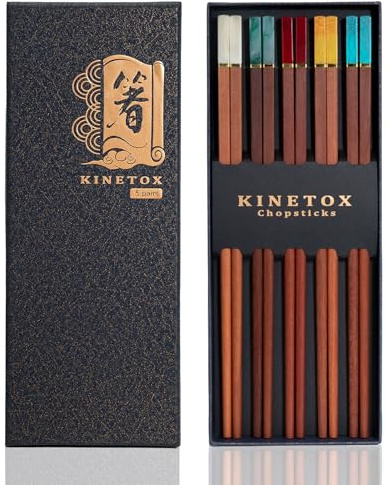 KINETOX 5 paia di bacchette in legno, confezione regalo, bacchette cinesi per sushi chopsticks per spaghetti di riso utilizzati come compleanno, trasloco matrimonio e regalo di Natale in legno di