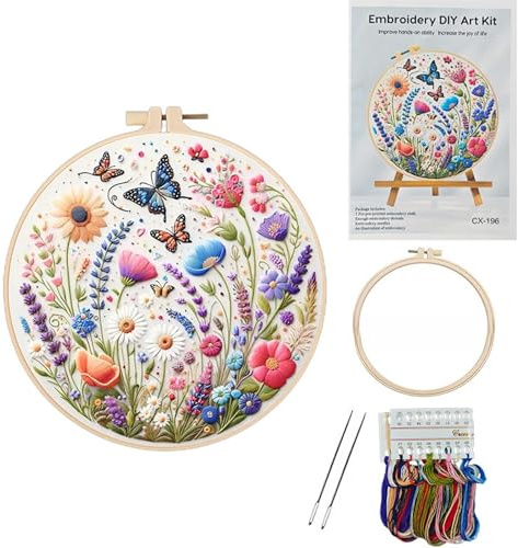 DiiWmme Beginner Embroidery Kit for Adults and Kids, Complete Starter Set with Step-by-Step Instructions, Hoop, Threads and Patterns to Learn Easy DIY Embroidery for the First Time (Butterfly Flower)