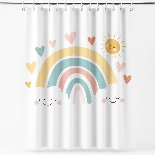Söt baby duschdraperi 200 H x 240 B cm regnbågshjärtan moln orange söt dekor duschdraperier med krokar, badrumsgardin polyester vattentät antimögel badrumsgardiner