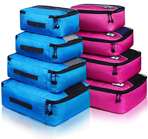 8 Set Packing Cubes, Travel Luggage Bags Organizers Mixed Color Set (Rose Blue)
