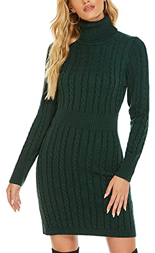 QUNERY Vestito Donna Invernale Elegante,Abito in Maglia Manica Lunga Collo Alto per Autunno,Vestiti Maglione Elasticizzato Casual A-Verde S
