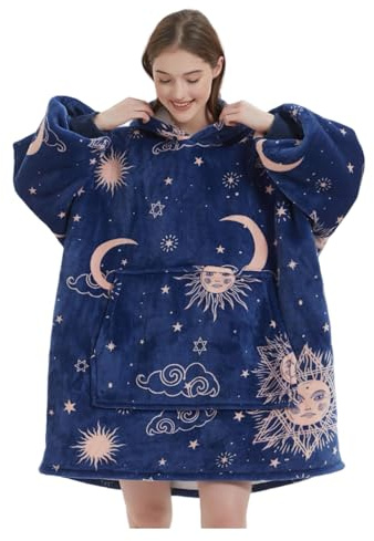 FELOVE Sudadera con Capucha, Manta usable,Grande Hoodie Sudadera con de Gran tamaño, Talla Única, cálida, Suave, y cómoda Sudadera, para Adultos, Hombres, Mujeres, Adolescentes.Sol Azul
