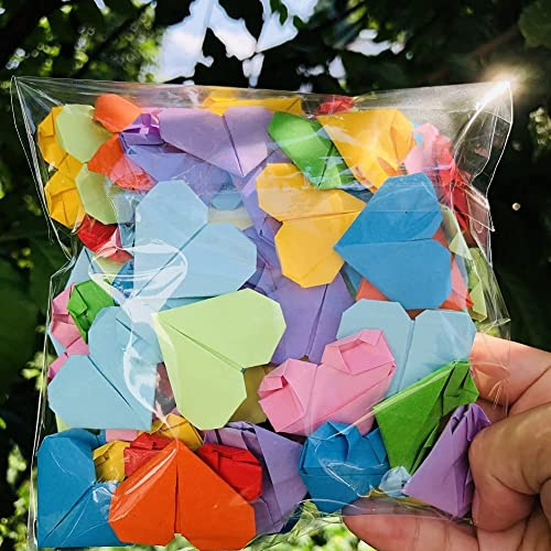100PCS Rainbow Paper Premade Origami Hearts For Wedding Party Favors Valentine's Day Christmas Creative Heart Gift Engagement Birthday Party Hearts Confetti Bday Table Centerpieces (Mix Color, 7cm)