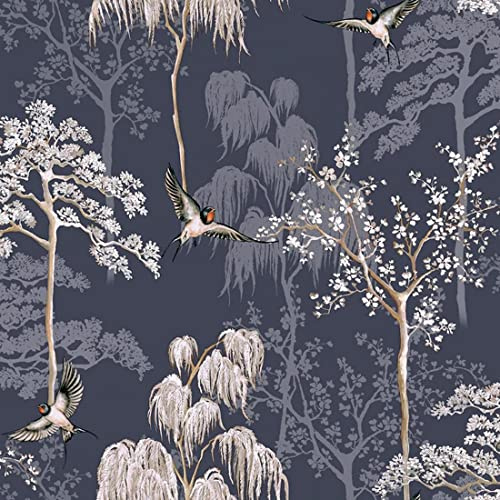Arthouse Japanese Garden Blue Floral Bird Design Paste The Paper Wallpaper