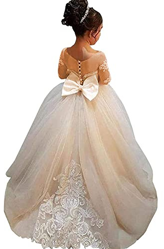 ABaoWedding Lace Embroidery Sheer Long Sleeves Kids Trailing Gowns Wedding Party (Champagne, 6)