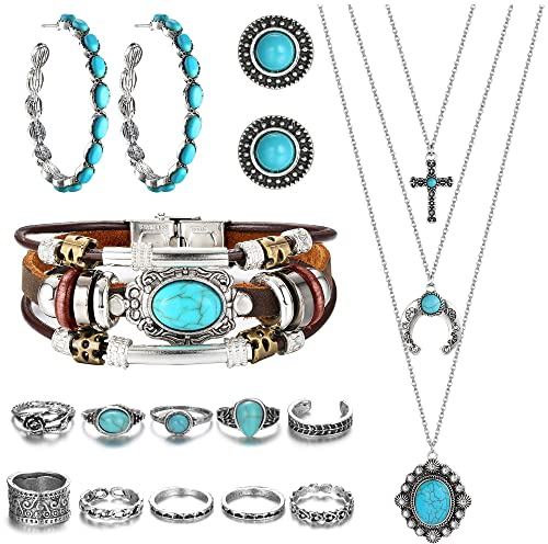 Milacolato Western Schmuck Für Frauen Türkis Anhänger Halskette Wester Drop Dangle Ohrringe Türkis-Kunstleder Geschichtete Armbänder Boho Knöchelringe Set Böhmisches Schmuckset