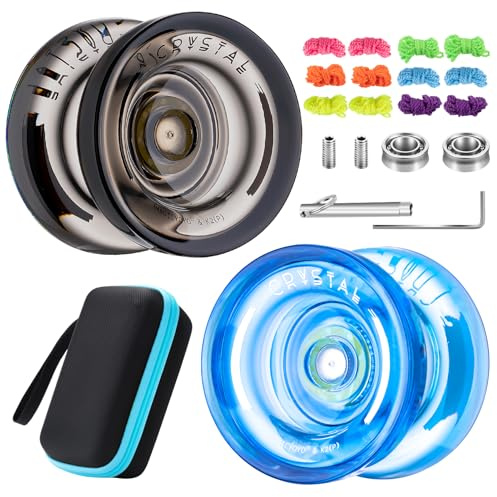 MAGICYOYO Dual Purpose K2 Crystal Yoyo Pack - Responsive for Kids Beginner | Professional Plastic Trick Yo-yo with 12 Strings + Unresponsive Bearing Kit + Case (Black + Blue)