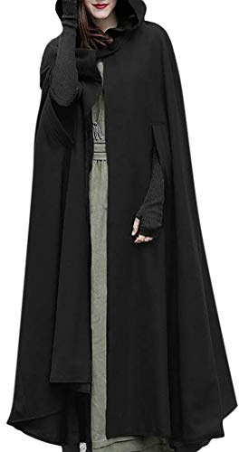 OBiQuzz Cappotto lungo da donna, maxi mantello con cappuccio, poncho, cappello, maglione a maglia lungo, invernale, trench, outwear Halloween, capo, carnevale, adulti, cosplay, feste, Nero , S