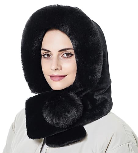 LJRPUPY Bufanda de piel sintética para mujer, con capucha, gorros de calavera, gorro, gorro, gorro de forro polar para esquí y nieve, Negro -, Talla única