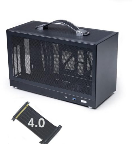 MiniNeo S400 Tragbares Mini-ITX-Gehäuse, 10 l, mit fortschrittlichem, belüftetem Panel, Typ-C-USB3.0-Anschlüsse, Dreifach-Slot-GPU, Kabelmanagementsystem, mit PCIe 16X Riser-Kabel (Schwarz Gen4)