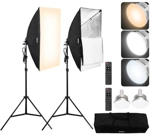 VEVOR 2 PCS Kit de Iluminación Softbox de 500 x 700 mm con Bombillas LED de 45 W, Temperatura de Color Ajustable de 3000-6500 K, Trípode, Control Remoto para Grabación de Video, Transmisión en Vivo