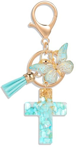 MWOOT Croix Porte Clés Chrétien Bible Porte Clés Sac à dos Charmes de sac à main pour Femmes Filles, Papillon Pendentif Porte clés, Bleu