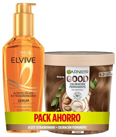 Lote de GARNIER GOOD Coloración Permanente 6.0 Castaño Mocaccino + L'Oréal Paris Elvive Aceite Extraordinario, 100 ml