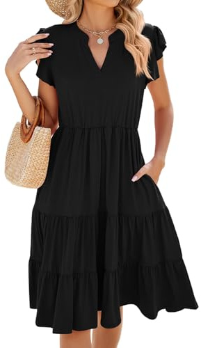 Joligiao Femmes Robe Été Col en V Fluide Swing Midi Robe avec Poche Robes Décontractée à Manches Courtes A Line Chic Robes de Soiree Party Plage Chic et Elegant Dress À Volants Légère Taille Dress
