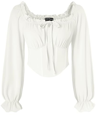 SCARLET DARKNESS Women's White Corset Top Long Lantern Sleeve Blouse Smocked Waist Shirts Square Collar Medieval Crop Top S