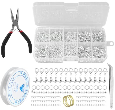 Set di 904 pezzi per chiusura di collane, chiusura per bracciali, creazione di gioielli, fabbricazione di gioielli, chiusure a moschettone e pinze, anelli aperti, per la creazione di pendenti (Argento