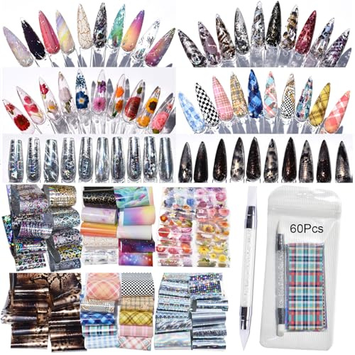 Zosutetoxo Stickers, 60 piezas plantillas de uñas y lámina de transferencia para uñas, plantillas de estampado con diseños variados Nail Art Pen