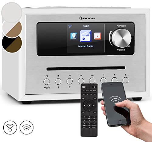 AUNA Silver Star Cube Radio - Radio WiFi, Radio Internet, Lecteur CD, Micro-chaîne, Tuner FM, Bluetooth, 10W RMS, Écran HCC 2,8, AUX, Appli de contrôle - Blanc