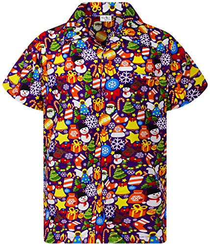 King Kameha Men Christmas Santa-Claus Office-Party Short-Sleeve Button-Down Shirts, Christmas-Allover, Purple, 4XL