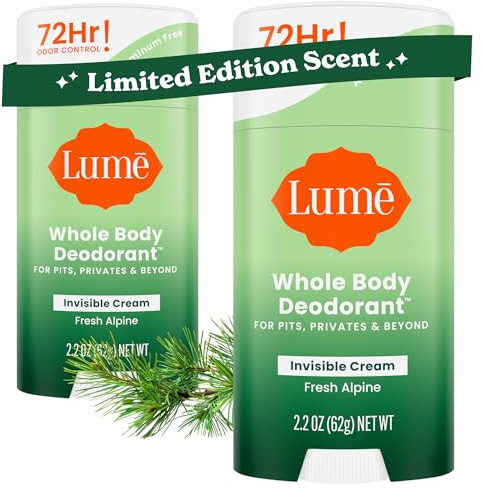 Lume Whole Body Deodorant - Invisible Cream Stick - 72 Hour Odor Control - Aluminum Free, Baking Soda Free, Skin Safe - 2.2 Ounce (Pack of 2) (Fresh Alpine)
